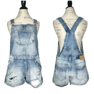 Zara | Women | Light Wash Distressed Denim Short Overalls Shortalls | Size Large